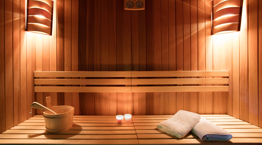 private sauna with beautiful lights and essentials